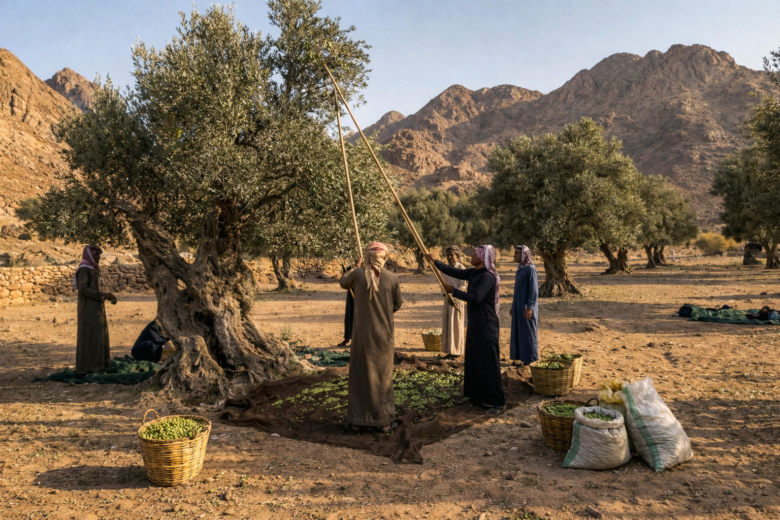 Hand harvesting olives in Sinai, Egypt